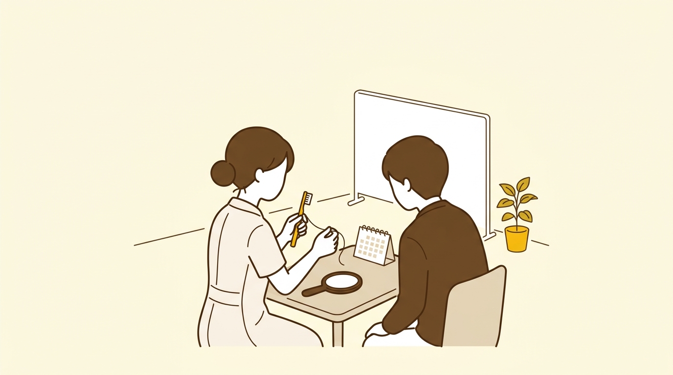歯科衛生士が歯ブラシとフロスを手に持ち、歯みがきのコツを伝えている手元