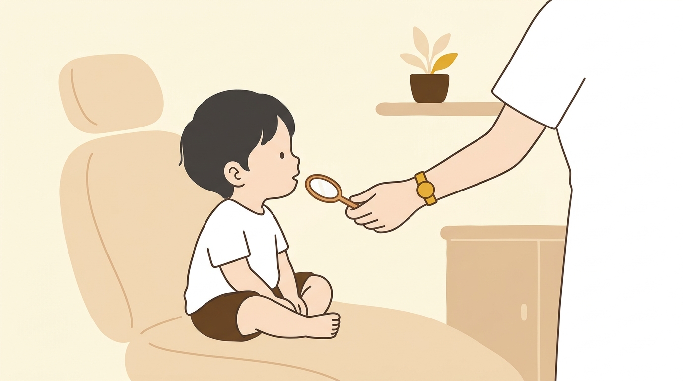 歯科の診察台に座る子どもと、隣で手鏡を差し出す歯科衛生士の手元