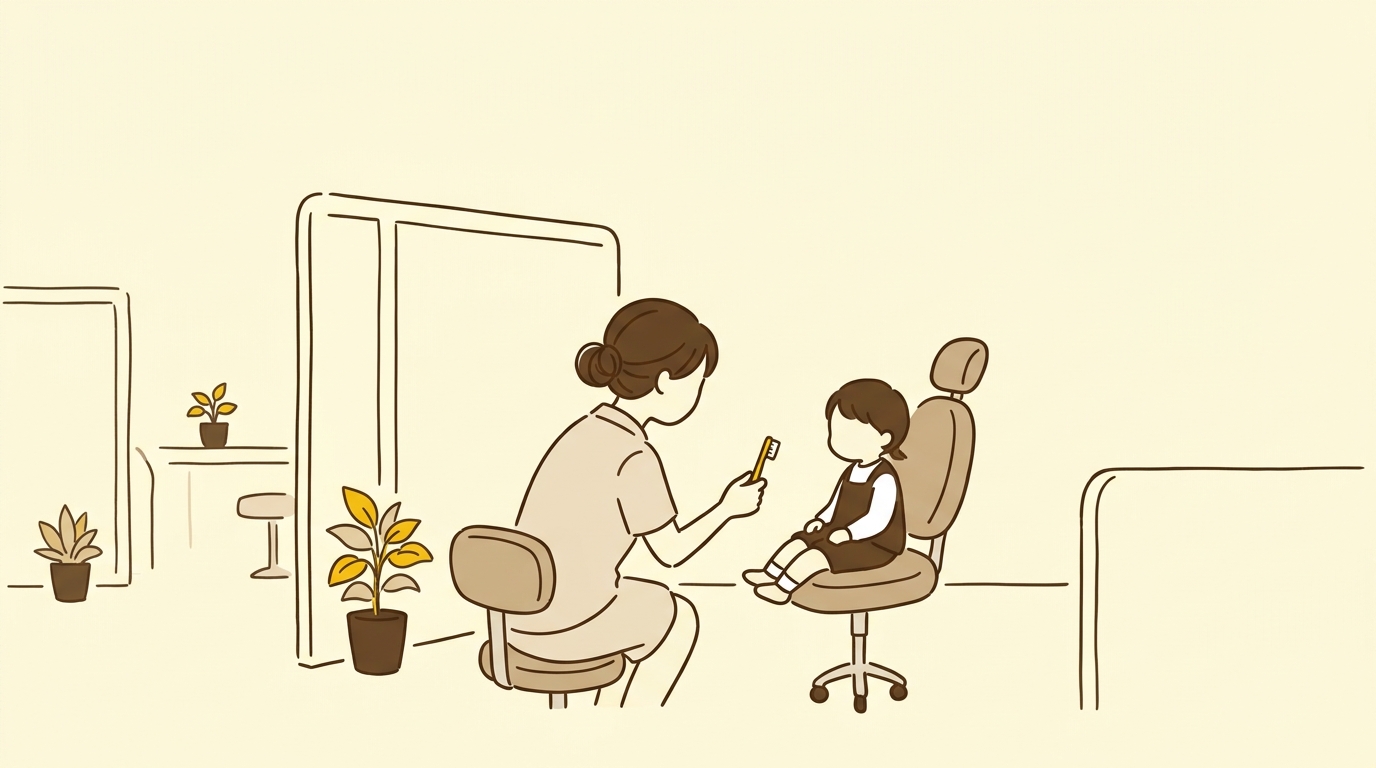 診療台に座った子どもに、歯科衛生士が歯ブラシを見せている横からの様子