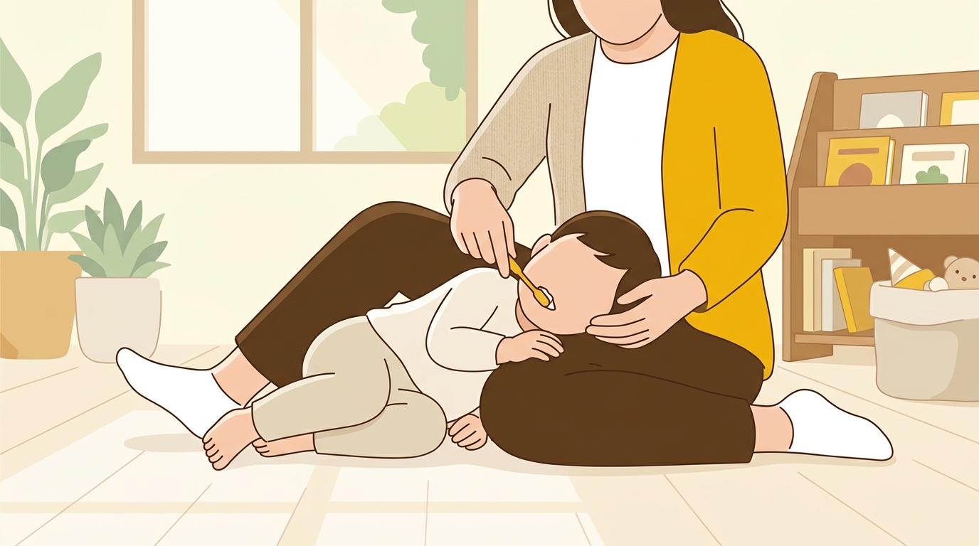保護者のひざに頭をのせた幼い子どもに、保護者が仕上げ磨きをしている横向きの様子