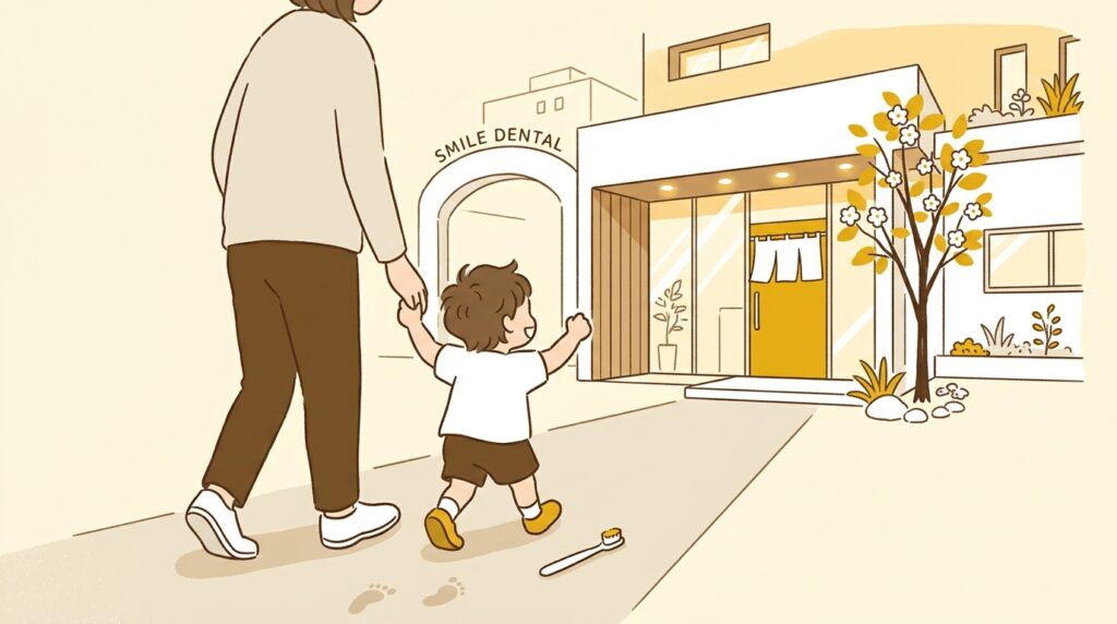 歯科医院の入口で保護者と手をつなぐ幼い子どもの後ろ姿と、そばに置かれた小さな歯ブラシ