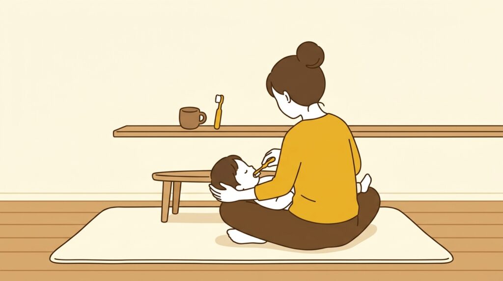 ひざの上に寝転んだ子どもの歯を、歯ブラシでみがく保護者の後ろ姿