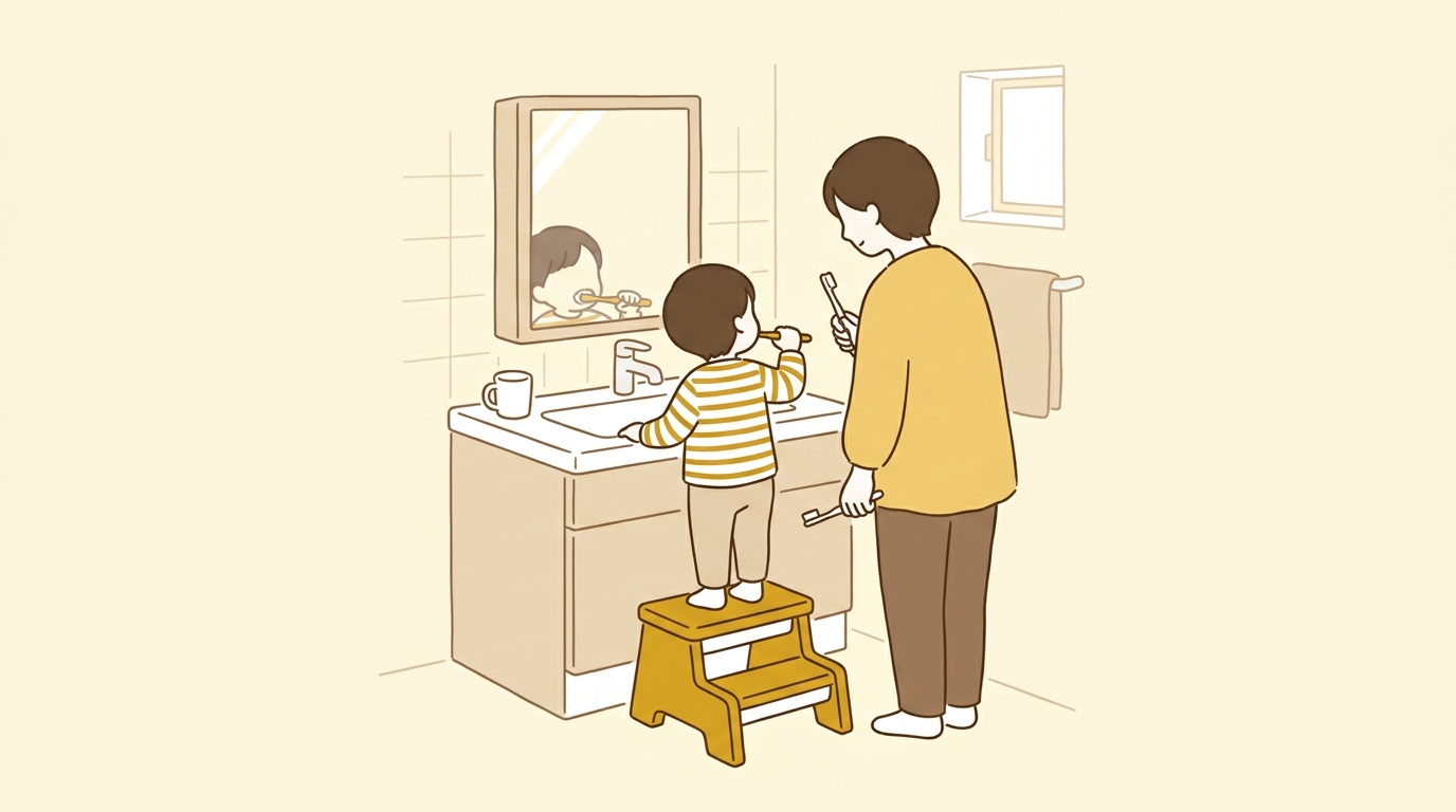 洗面台の前で自分で歯をみがく子どもと、となりで見守る保護者の後ろ姿