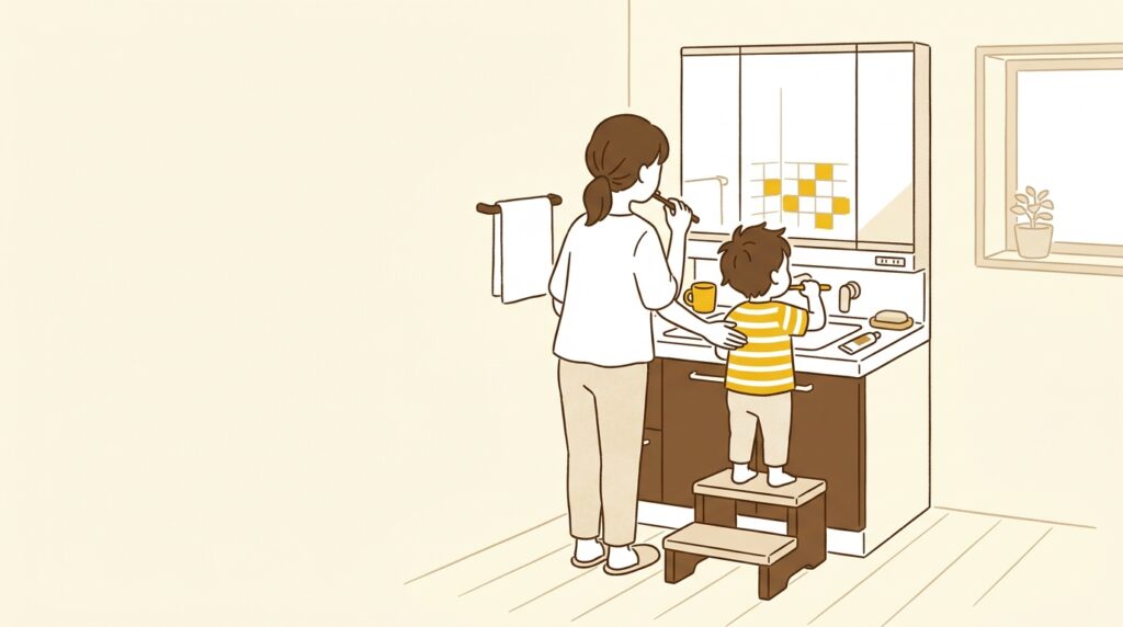 洗面所で歯ブラシを持つ子どもと、隣で一緒に歯を磨く保護者の後ろ姿