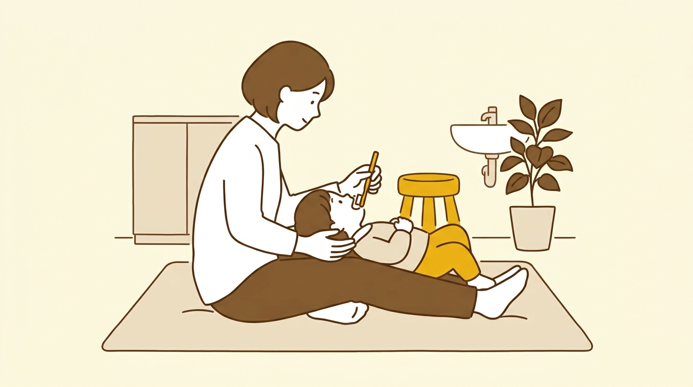 保護者の膝に頭をのせて、仕上げ磨きを受ける子どもの横向きの姿